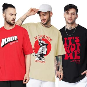 LEOTUDE Men's Cotton Regular Fit Half Sleeve Oversized Tshirt, Round Neck Longline Drop Shoulder | ful Printed Combo T-Shirt (Pack of 3)